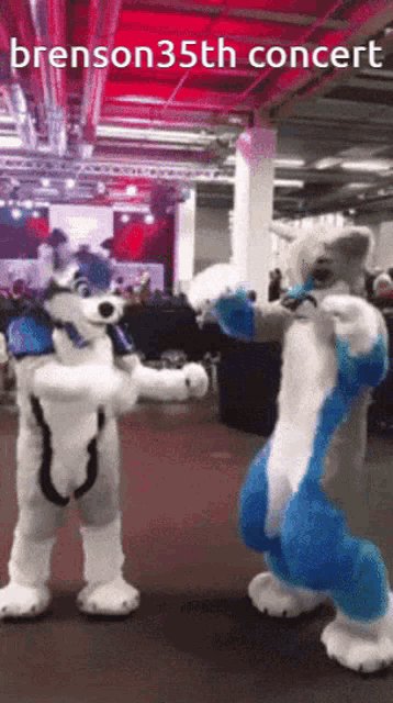 two furry mascots are dancing in a room with the caption " frenson35th concert " on the bottom