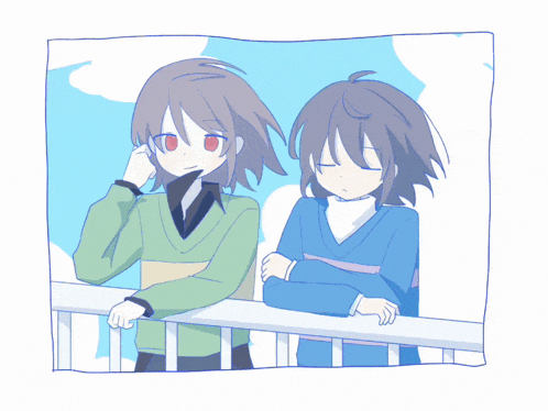 a drawing of two girls standing next to each other on a balcony