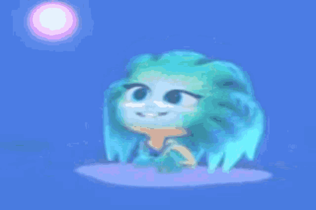 a cartoon character with blue hair and a pink sun in the background .