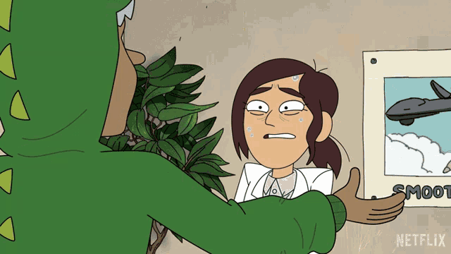 a cartoon of a man in a dinosaur costume holding a woman in front of a poster that says smoot