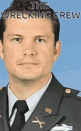 a man in a military uniform and tie with the words the wrecking crew written above him