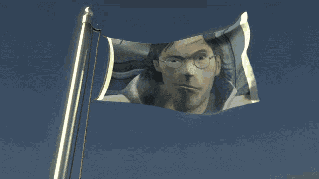 a flag with a picture of a man wearing glasses