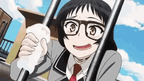 a girl with glasses and a tie is behind bars holding a toy .