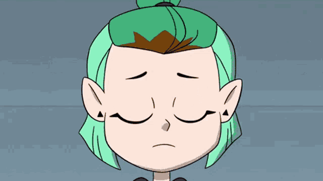 a close up of a cartoon character with green hair and brown ears with her eyes closed .