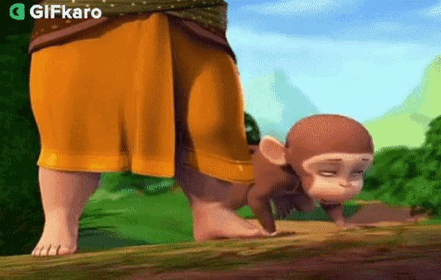 a cartoon monkey is crawling on a tree branch next to a woman .
