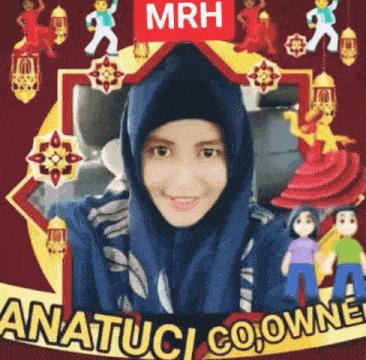 a woman wearing a hijab is smiling in front of a red sign that says mrh .