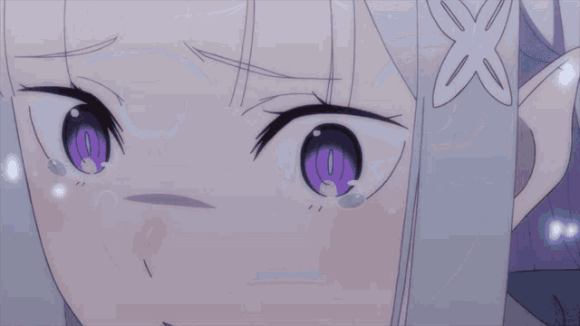a close up of a girl 's face with purple eyes and white hair