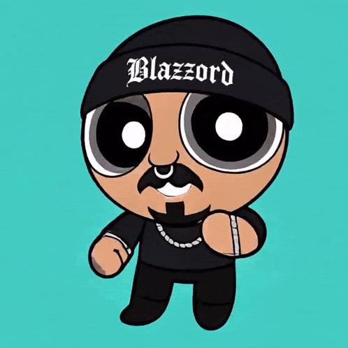a cartoon character is wearing a black beanie that says blazzard