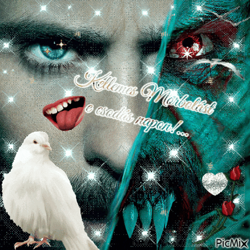 a picture of a man 's face with a white bird and the words kellemes morbidist on the bottom right
