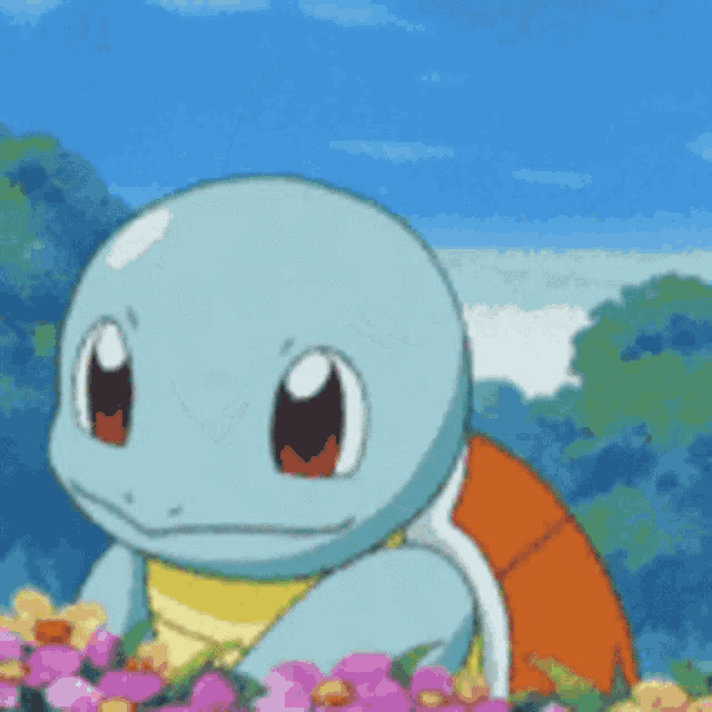 a cartoon of squirtle sitting in a field of flowers