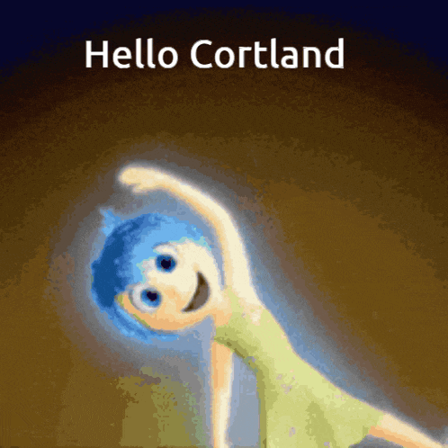a cartoon character with blue hair and the words hello cortland