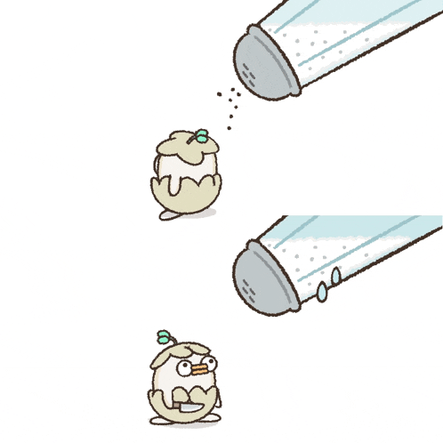 a cartoon drawing of a salt shaker and a salt shaker being used to sprinkle salt on a chicken