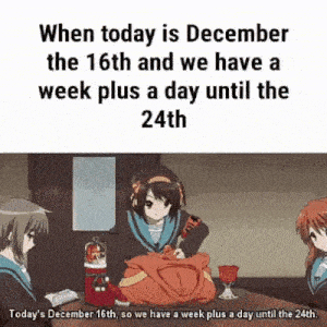 a group of anime girls are sitting at a table with a bag of gifts .