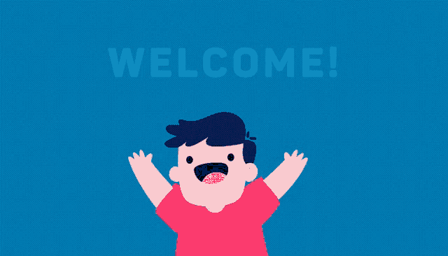 a boy with his arms outstretched and the words welcome behind him