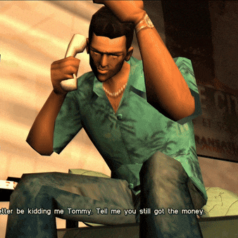 a man in a green shirt is talking on a phone with the words " better be kidding me tommy tell me you still got the money "