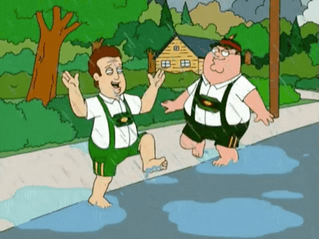 a cartoon of two men dancing in the rain on a sidewalk .