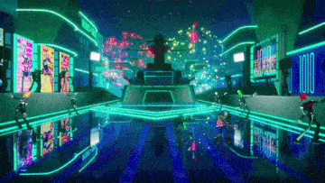 a video game scene with skeletons dancing in front of a sign that says ' jojo '