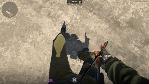 a screenshot of a video game shows a person 's feet and a scoreboard that says 1 on it