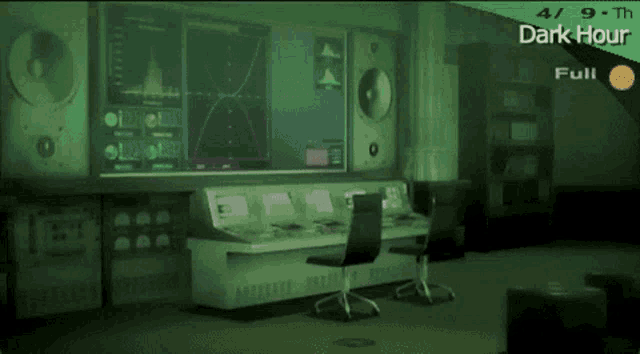 a dark room with the words dark hour full on the bottom right