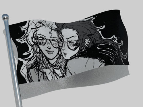 a black and white drawing of two people on a flag pole