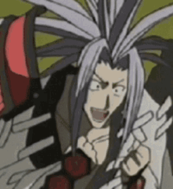 a close up of a cartoon character with a very long hair style