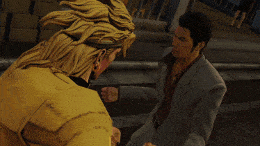 a video game character is shaking hands with another man