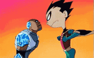 two cartoon characters , cyborg and robin , are standing next to each other and looking at each other .