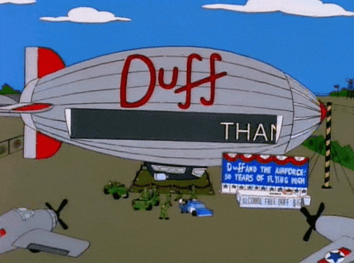 a cartoon airship with duff than written on the side