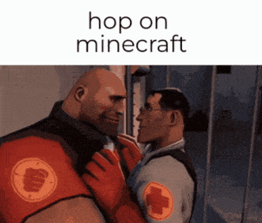 a picture of two men with the words hop on minecraft on the bottom