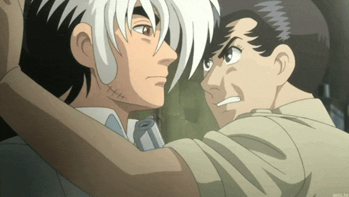 a man with a tattoo on his neck is standing next to another man in a cartoon