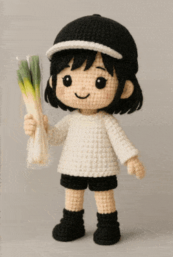 a crocheted doll is holding a bunch of green onions in a plastic bag