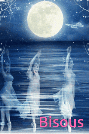 three ballerinas are dancing in front of a full moon and the word bisous is on the bottom right
