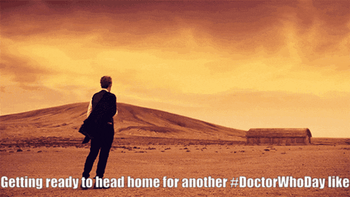 a man in a suit stands in the desert with the words getting ready to head home for another