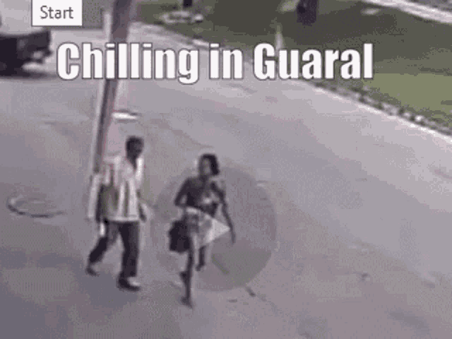 a man and a woman are walking down a street with the words `` chilling in guaral '' written on the bottom .