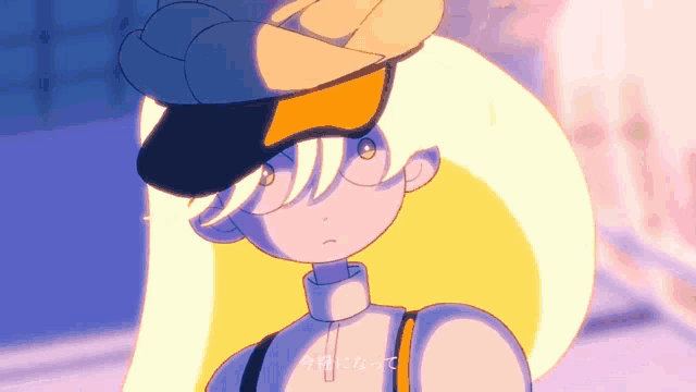 a cartoon of a girl wearing a hat with japanese writing on the bottom