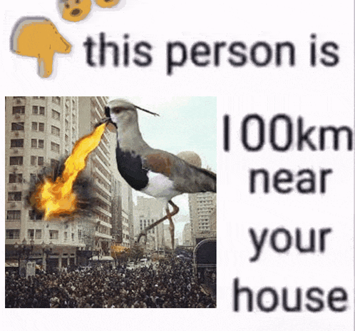 a picture of a bird with a flame coming out of its beak and the words " this person is 100km near your house "