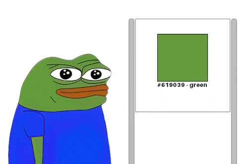 a green frog wearing a blue shirt with a circle on it looks at a picture