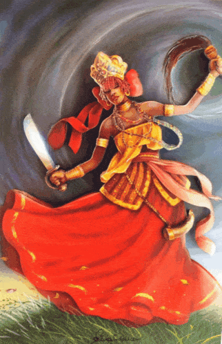 a painting of a woman in a red dress holding a large sword