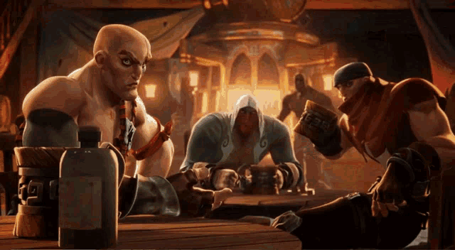 a group of cartoon characters are sitting around a table with a bottle that says ' a ' on the label