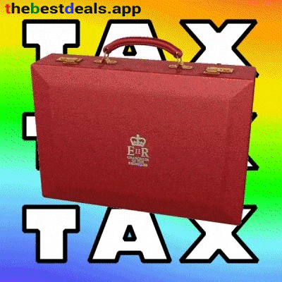 a red briefcase with a crown on it is surrounded by the words tax on a colorful background