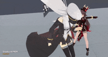 two anime characters are standing next to each other with shadow67909 written on the bottom right