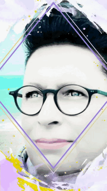 a woman wearing glasses is surrounded by purple lines