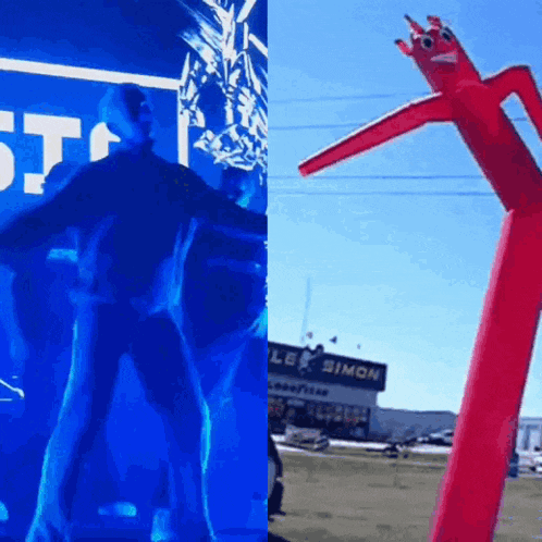 a man is dancing in front of a sign that says simon on it
