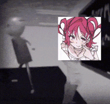 a drawing of a girl with red hair is displayed on a black and white background