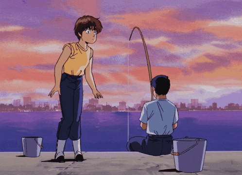 a man is fishing while another man stands nearby