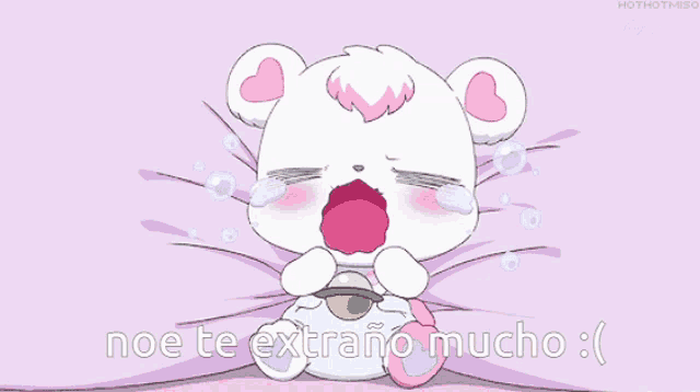 a cartoon of a teddy bear crying with the words noe te extrano mucho
