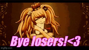 a girl is hugging a teddy bear with the words bye losers ! < 3 below her