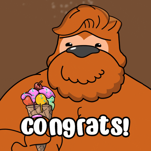 a cartoon of a bear holding an ice cream cone with the words congrats
