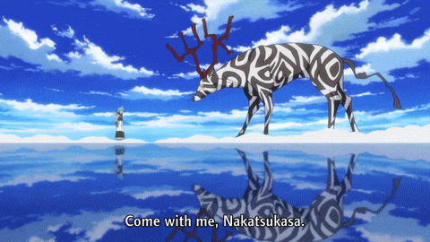 a zebra with antlers is standing in the water with the words come with me nakatsukasa below it