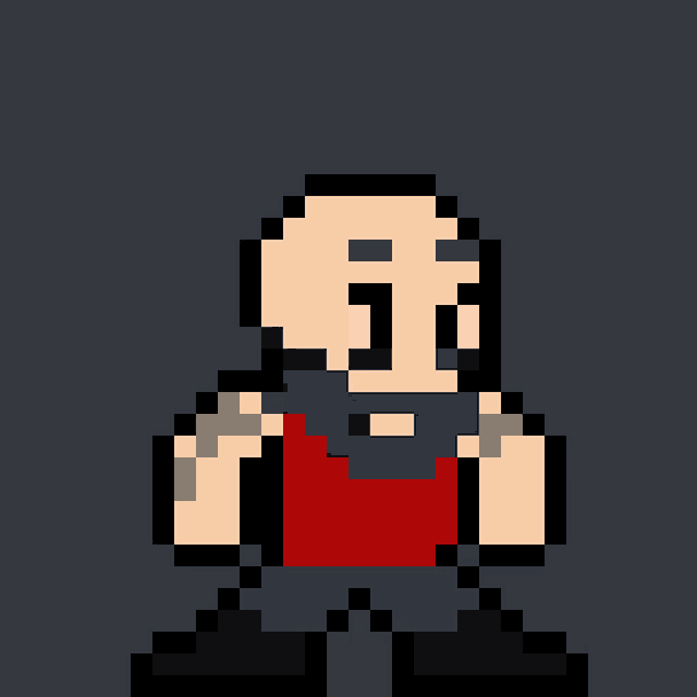 a pixel art drawing of a man with a beard wearing a red tank top .